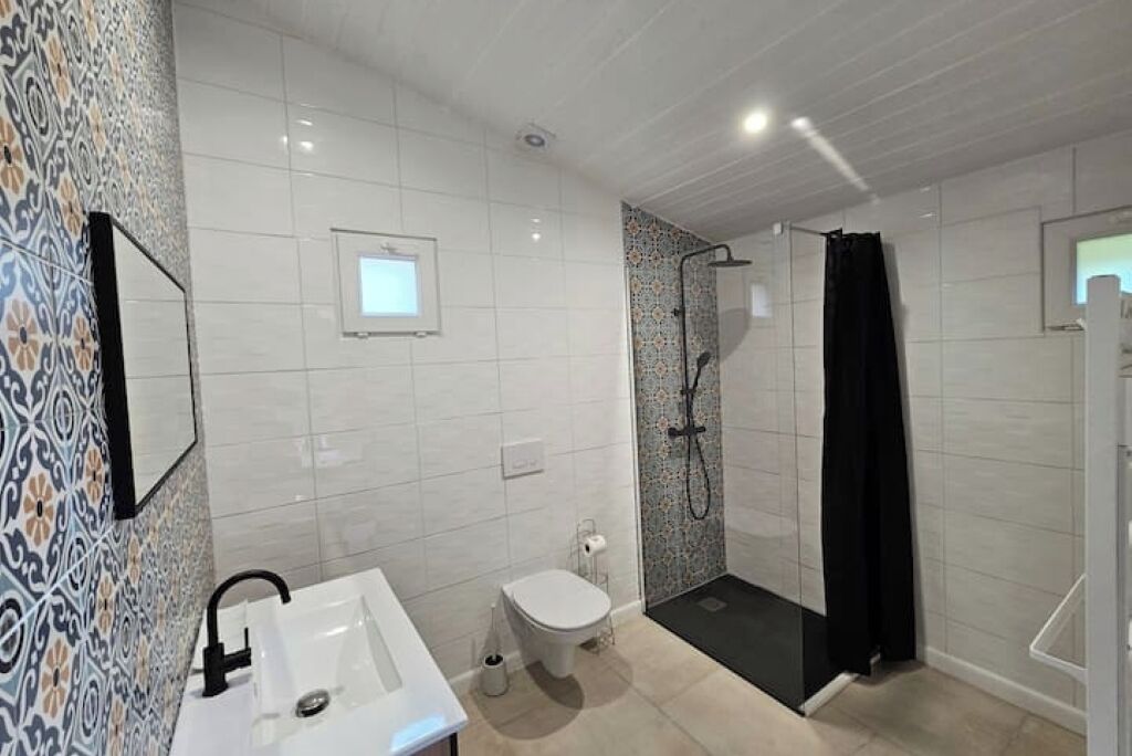 Een badkamer met een wit wastafel, toilet en douche.