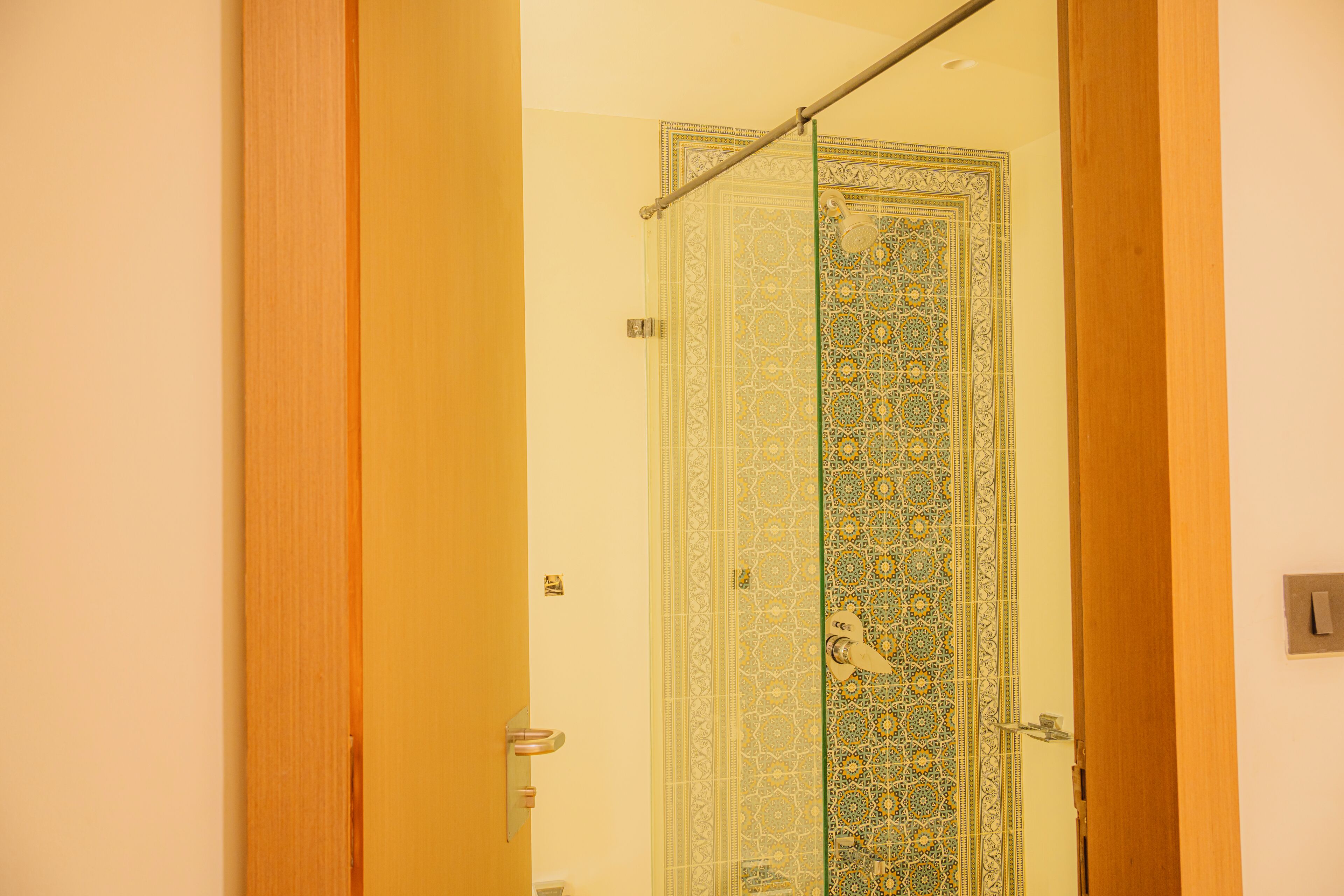 A room with a patterned door, a wooden door frame, and a light switch on the wall.