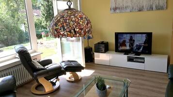 Televisión, chimenea, estéreo