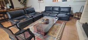 TV, caminetto, lettore DVD, libri