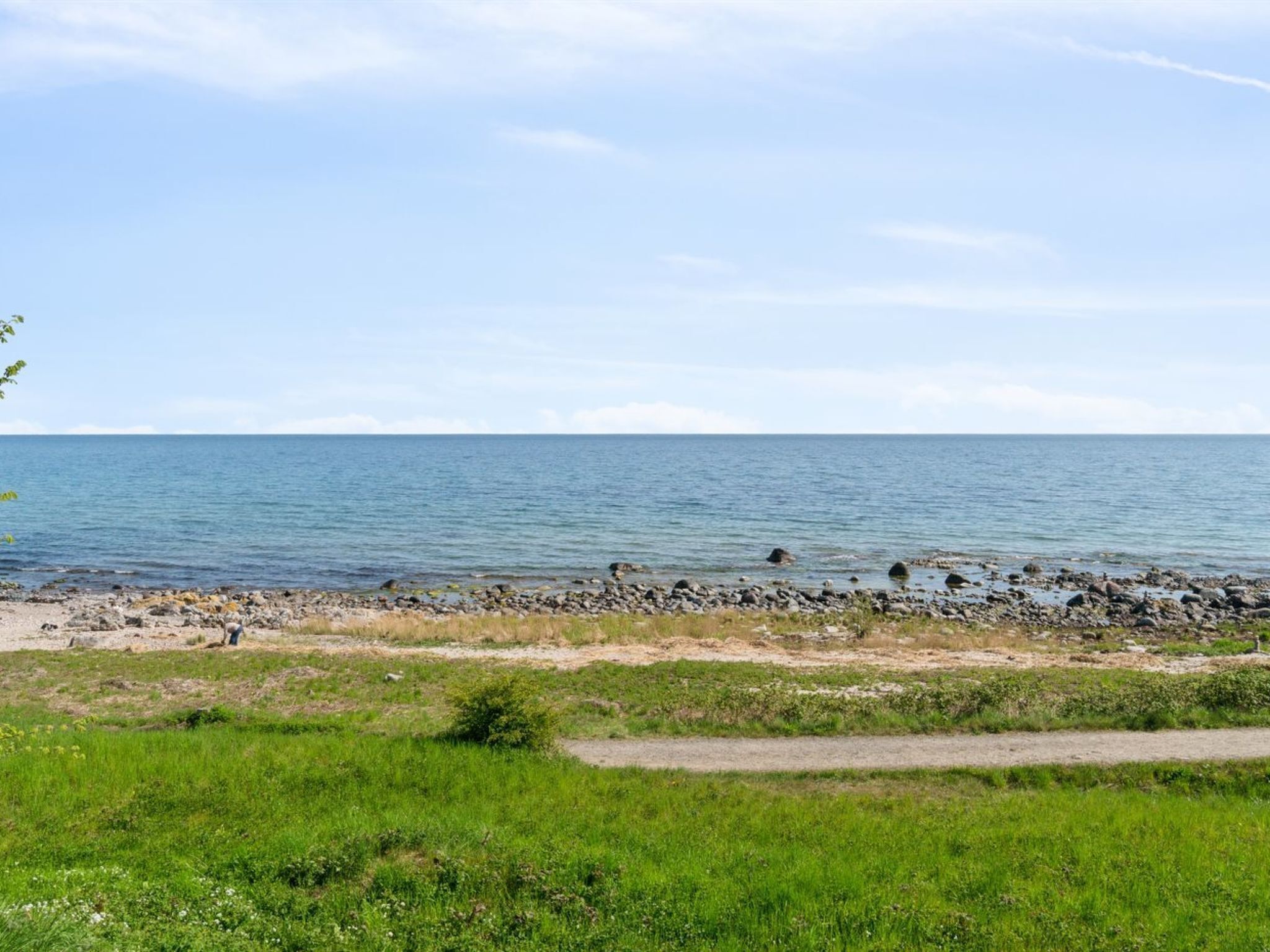 Un paysage côtier avec une rive rocheuse, un premier plan herbeux et un ciel dégagé.