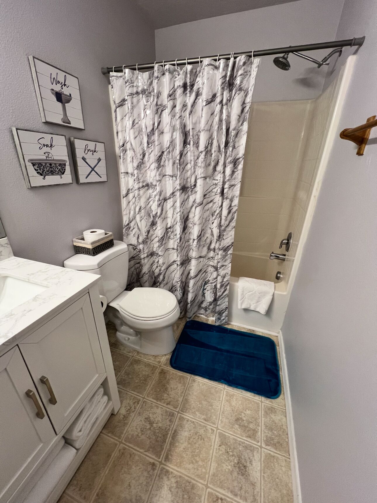 Hair dryer, towels, soap, shampoo