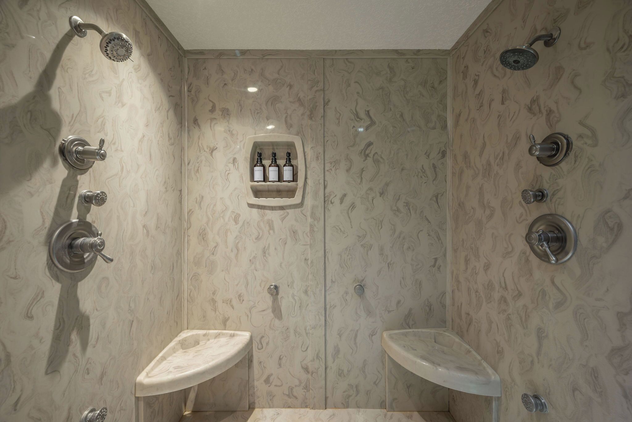 Shower, towels, soap, toilet paper
