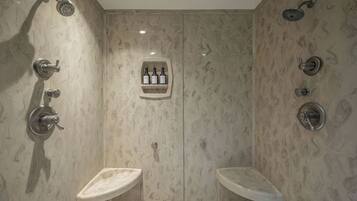 Shower, towels, soap, toilet paper