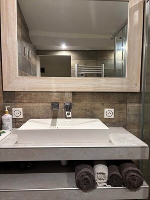 Hair dryer, towels, soap, toilet paper