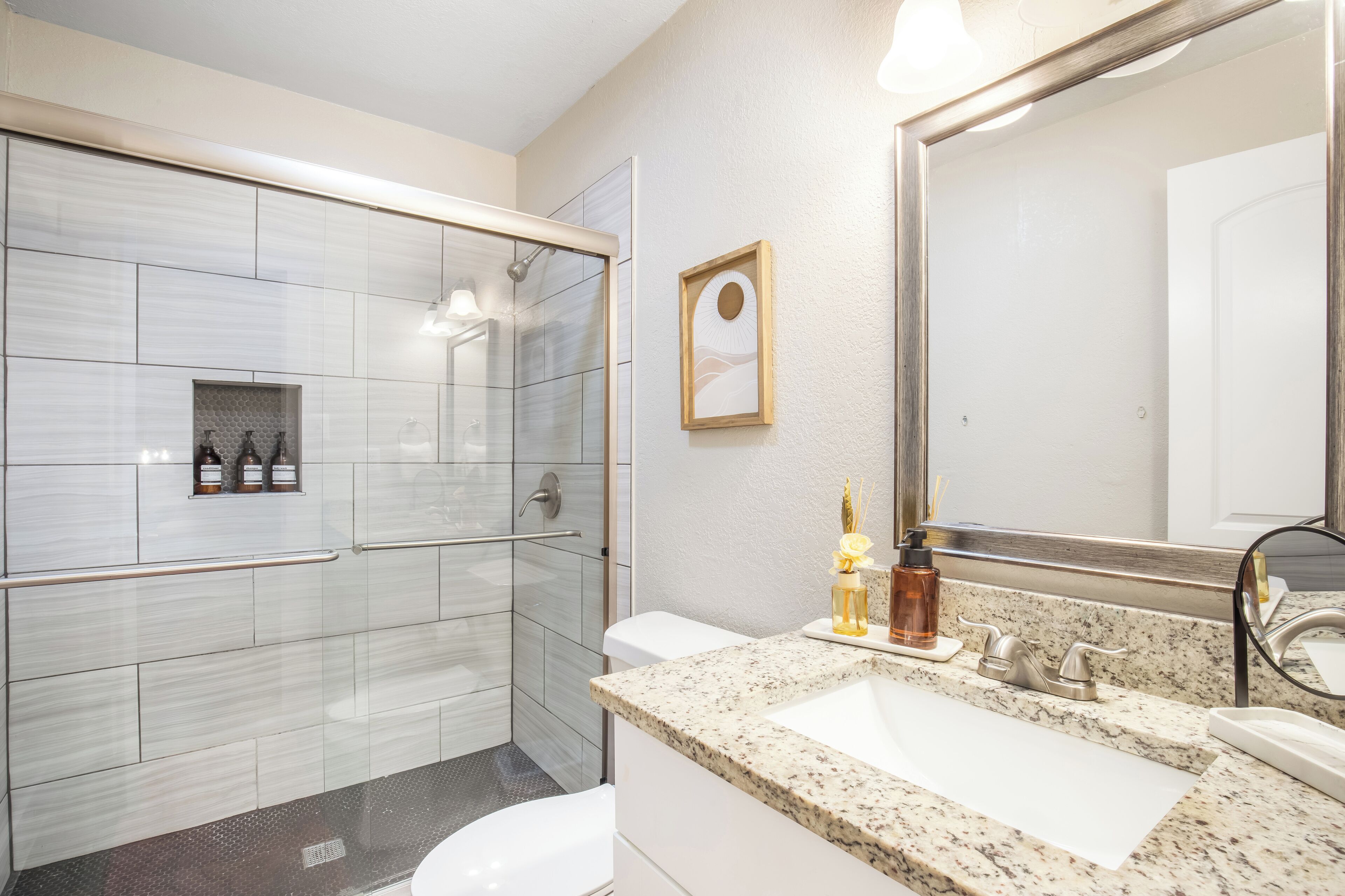Hair dryer, towels, soap, shampoo