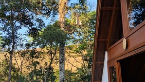Una terraza de madera con una silla rosa, rodeada de exuberante follaje y una palmera alta.
