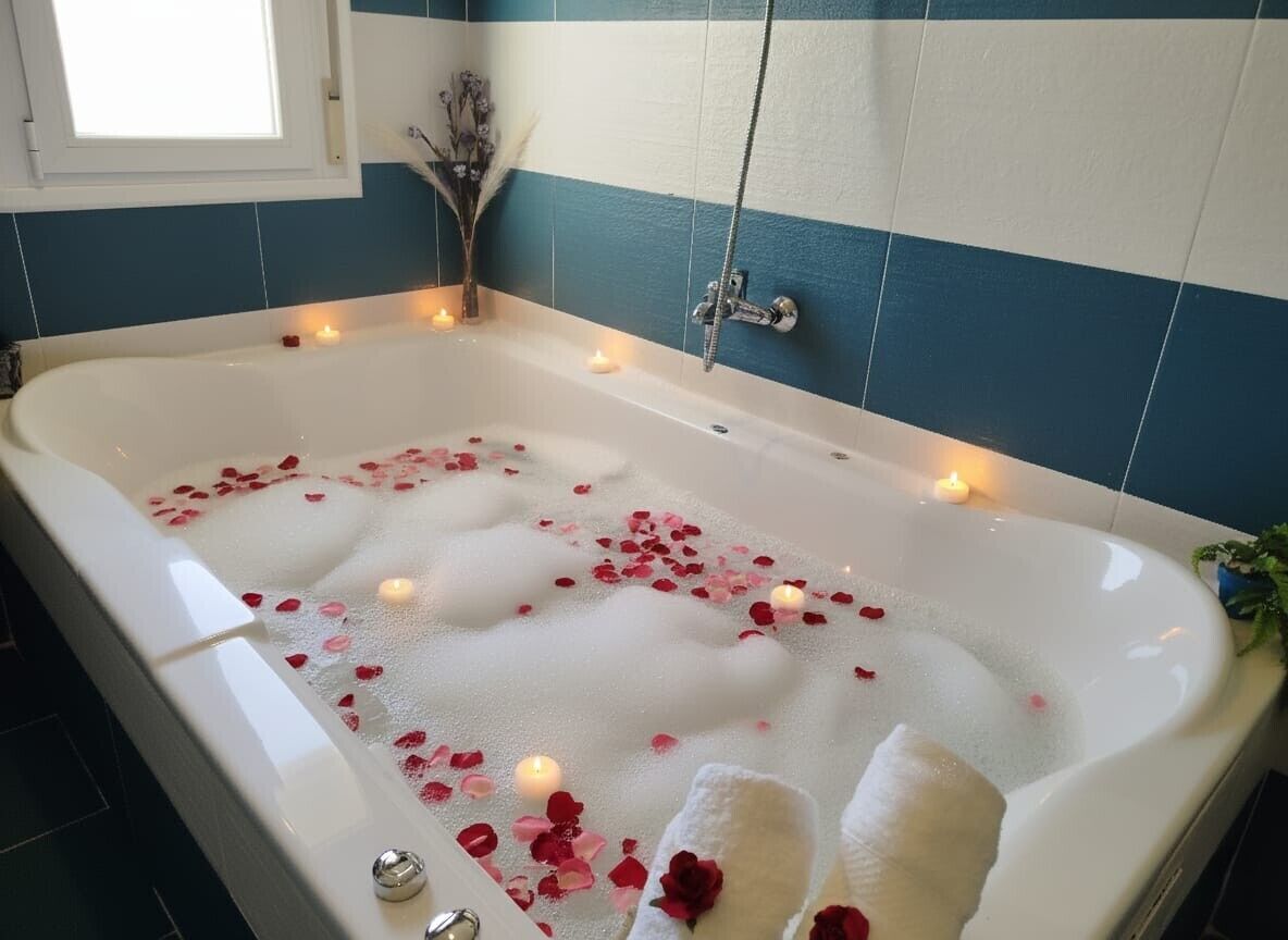 Una bañera llena de agua, pétalos de rosa y velas, con una ventana arriba y una planta a un lado.