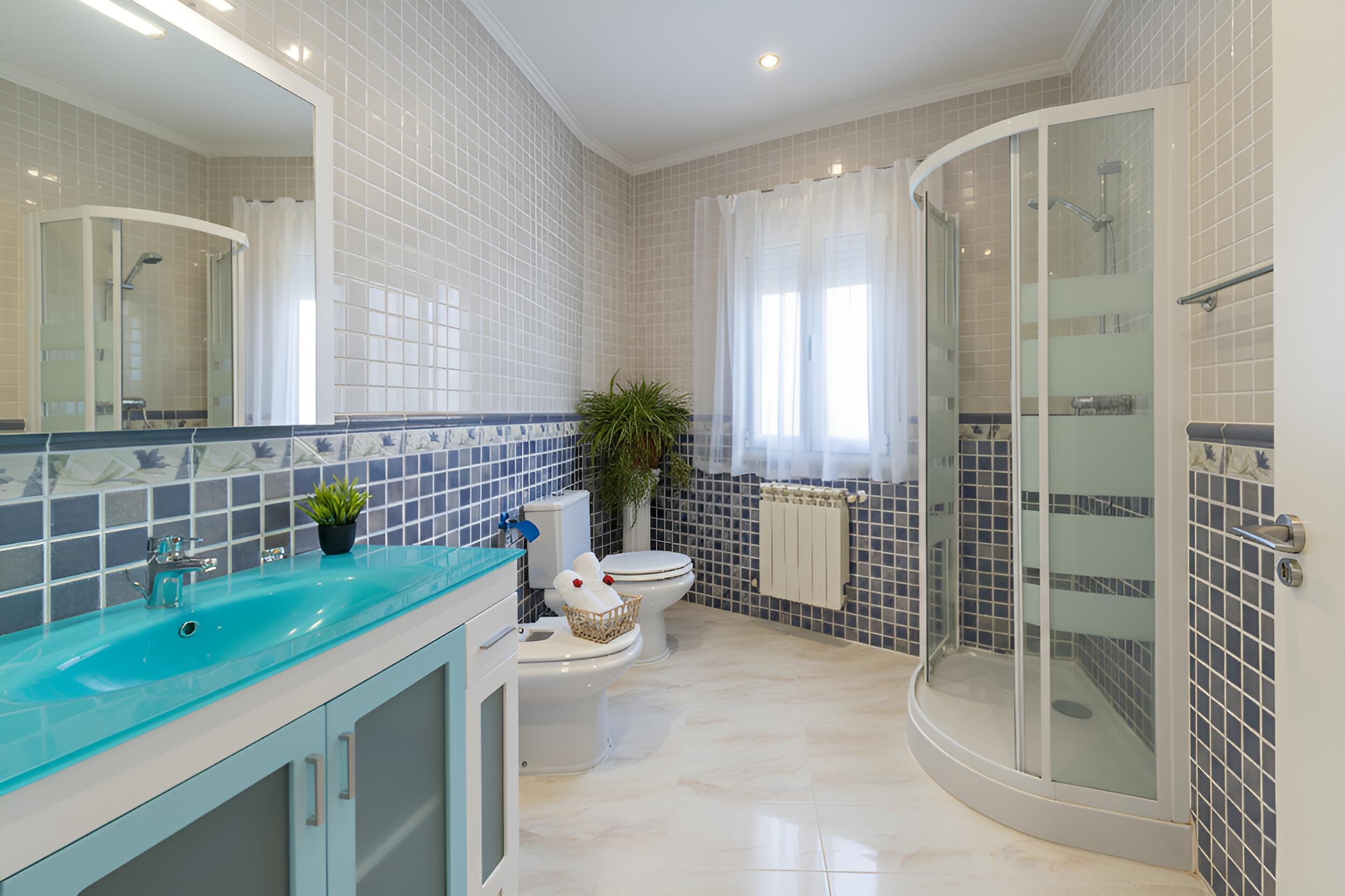 Douche, baignoire à jets, sèche-cheveux, bidet