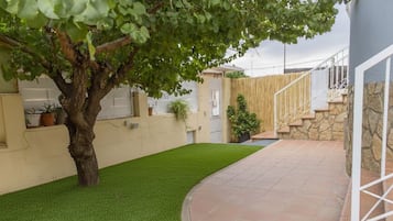 A courtyard with artificial grass, a tree, and a stone staircase leading to a white door.
