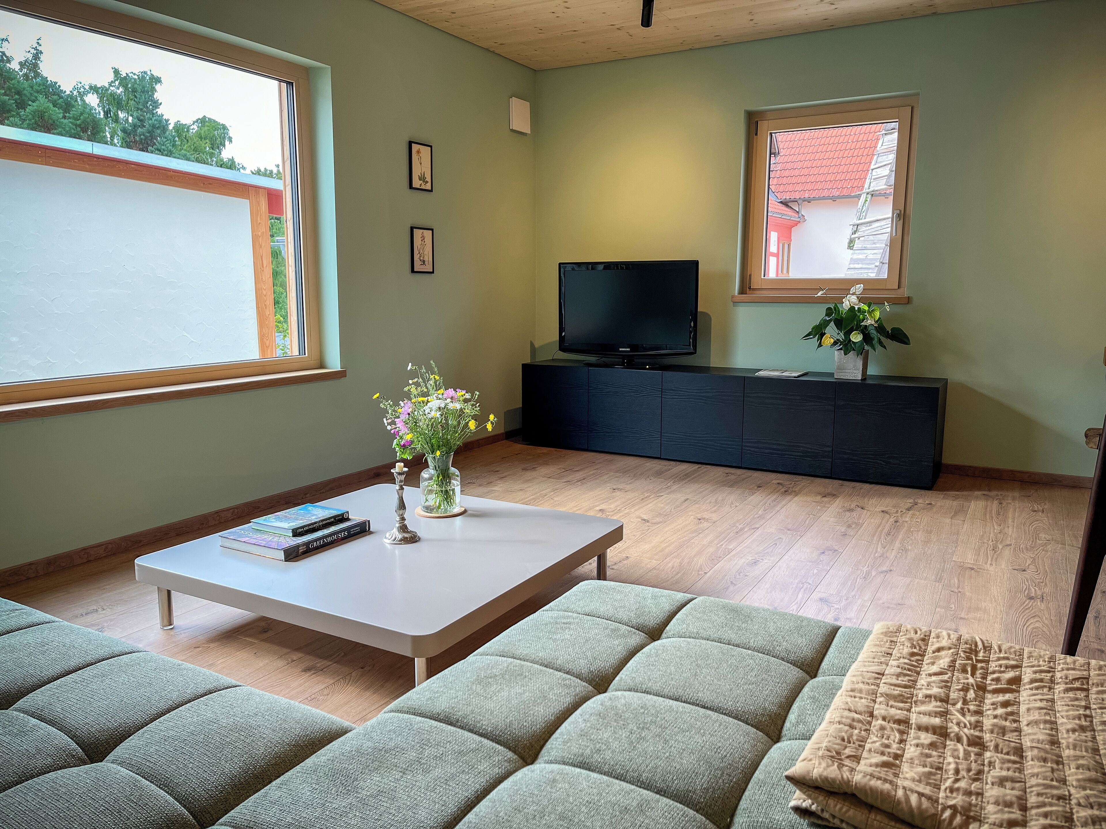 Smart-TV, bøker og stereoanlegg