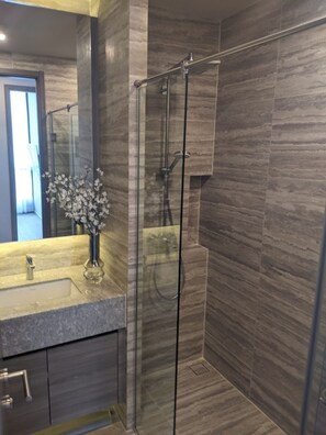 Shower, hair dryer, towels, toilet paper