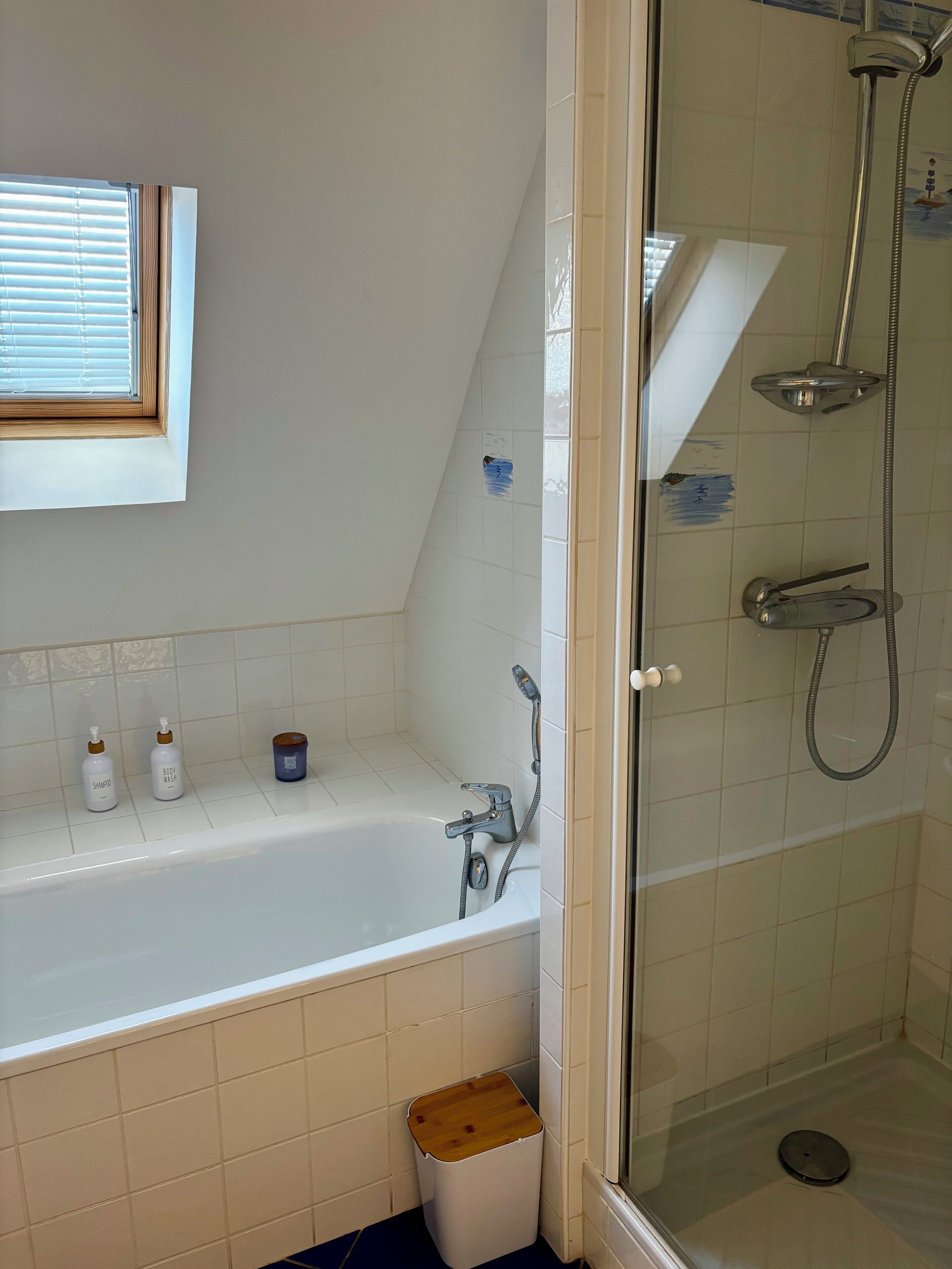 Hair dryer, towels, soap, toilet paper