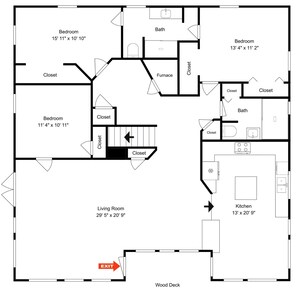 A floor plan with multiple bedrooms, a living room, a kitchen, a bathroom, and a wood deck. - Oceanfront Vista (Galveston)