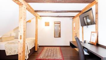 Una habitación con cama, escritorio, televisión y espejo.