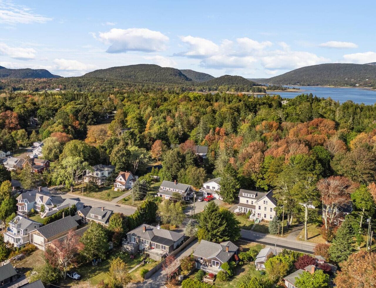 A residential area with houses surrounded by dense forest and hills in the background.