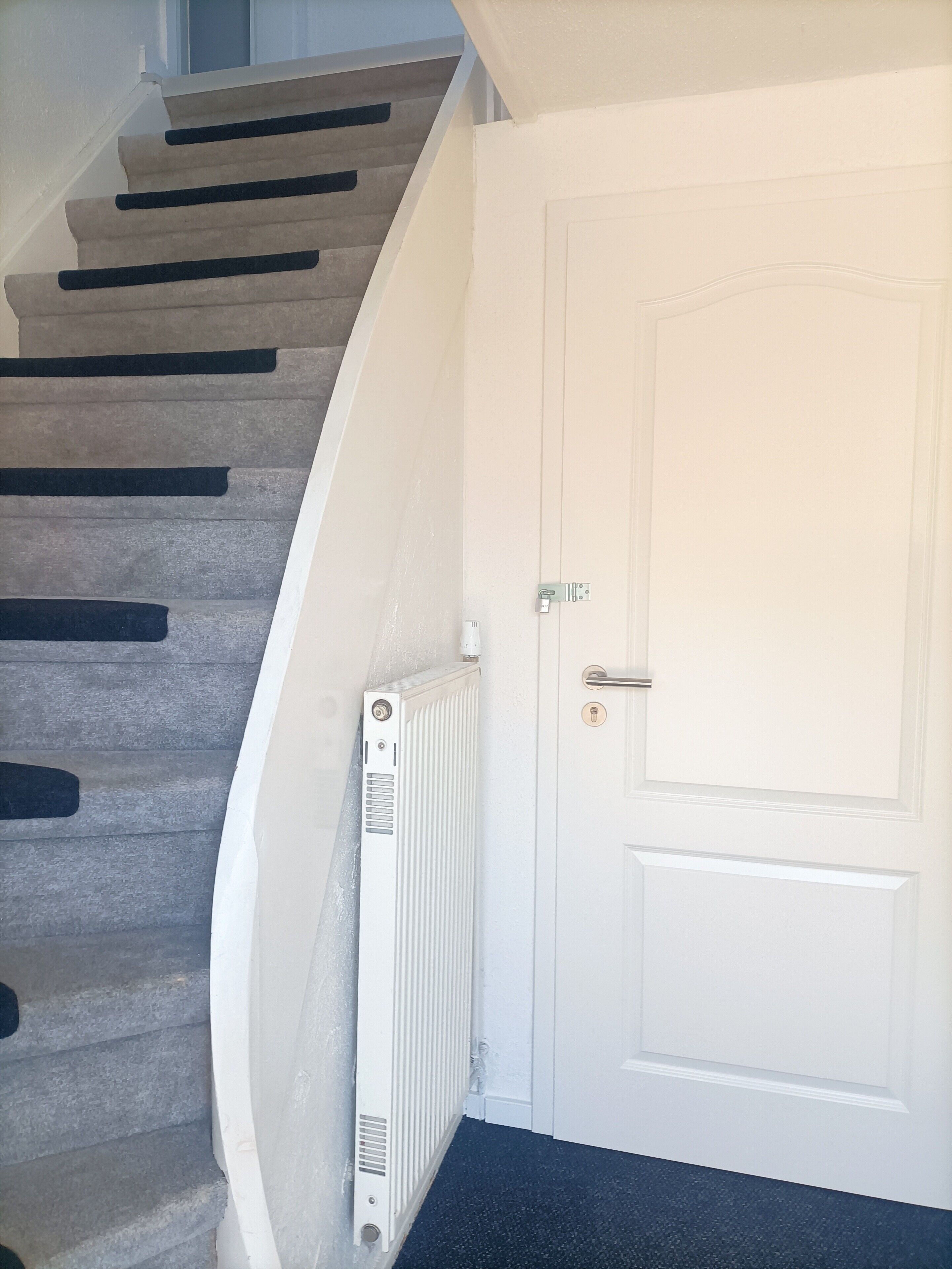 Un escalier avec une porte blanche en bas, un radiateur blanc et une petite plateforme recouverte d’une moquette noire.