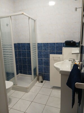 Een haardroger, handdoeken, zeep, toiletpapier