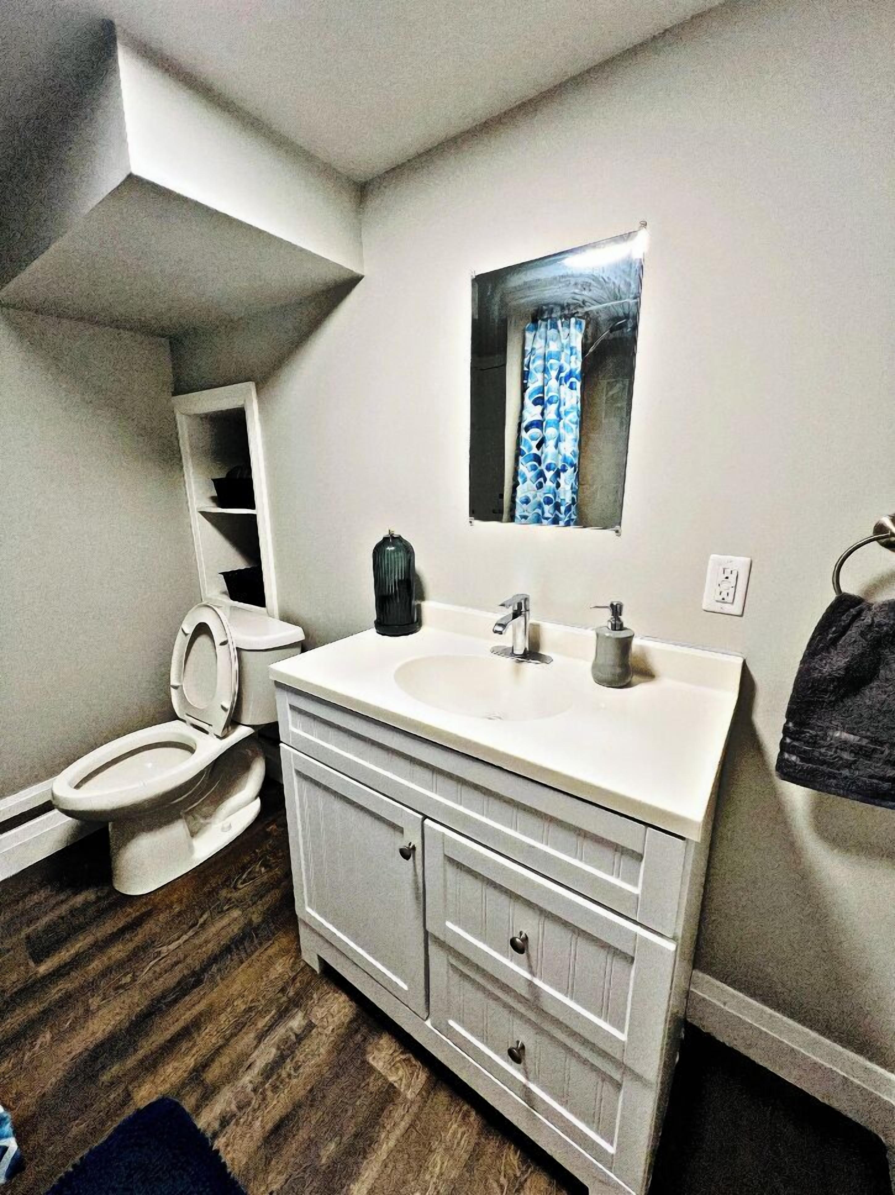 Hair dryer, towels, soap, toilet paper