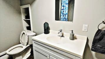 Hair dryer, towels, soap, toilet paper