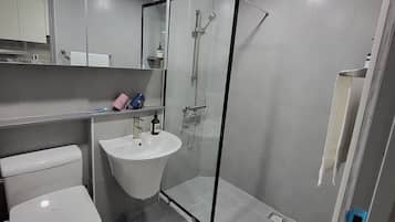 Shower, hair dryer, bidet, towels