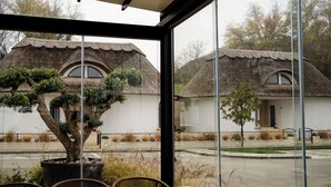A view from a window of a building with a thatched roof, a bonsai tree, and a table with chairs. - Ayana Coral Bay Resort (Piatra-Olt)