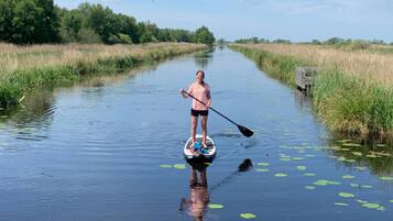 A person paddleboarding on a narrow waterway surrounded by tall grasses and trees.