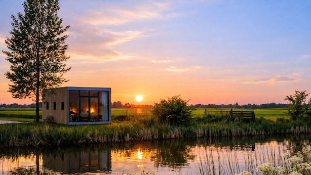 A modern glass house by a calm river at sunset. - Geau Tiny House in Weidum (Weidum)