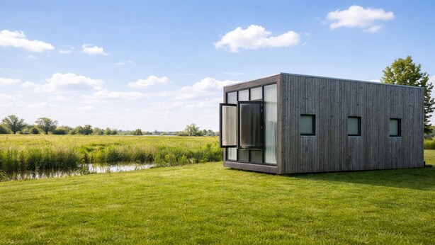 Un bâtiment moderne de forme rectangulaire, doté de grandes fenêtres en verre et d’un toit plat, situé dans un champ verdoyant, non loin d’une étendue d’eau.