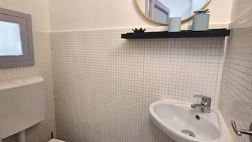Habitación básica | Baño | Ducha, secador de pelo, toallas y jabón