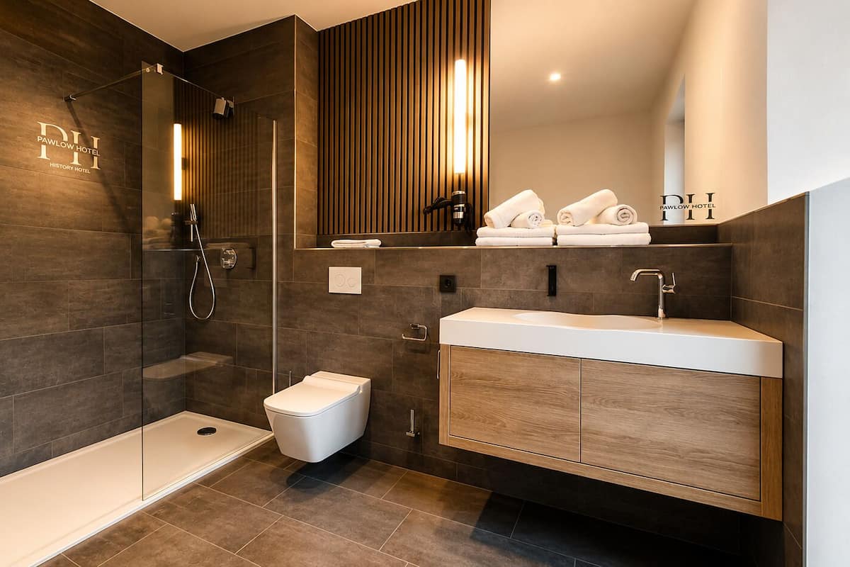 Une salle de bain moderne avec une douche à parois de verre, des toilettes et un meuble-lavabo avec un miroir.