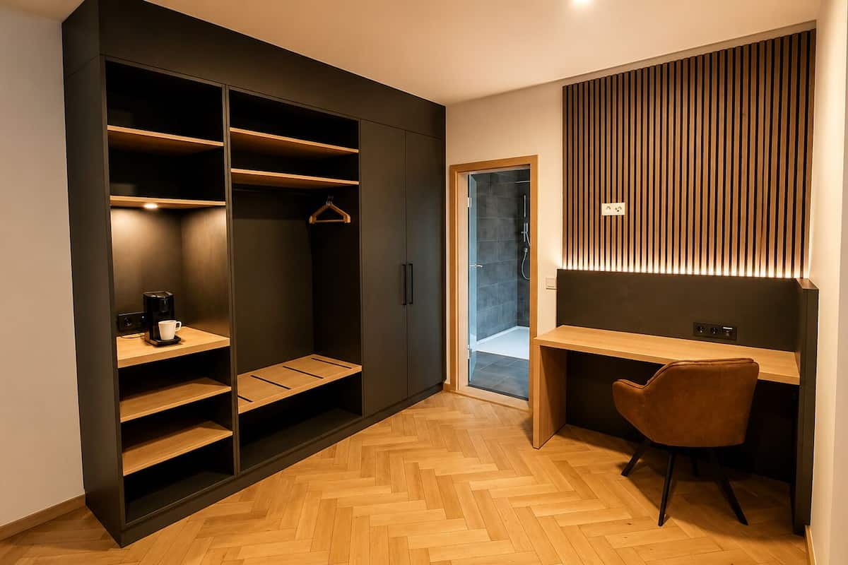 Une chambre moderne avec un parquet en bois disposé en chevrons, un bureau avec une chaise, une armoire avec plusieurs étagères et un espace douche.