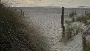 Ein Strand mit Dünen und einem hölzernen Wegweiser.