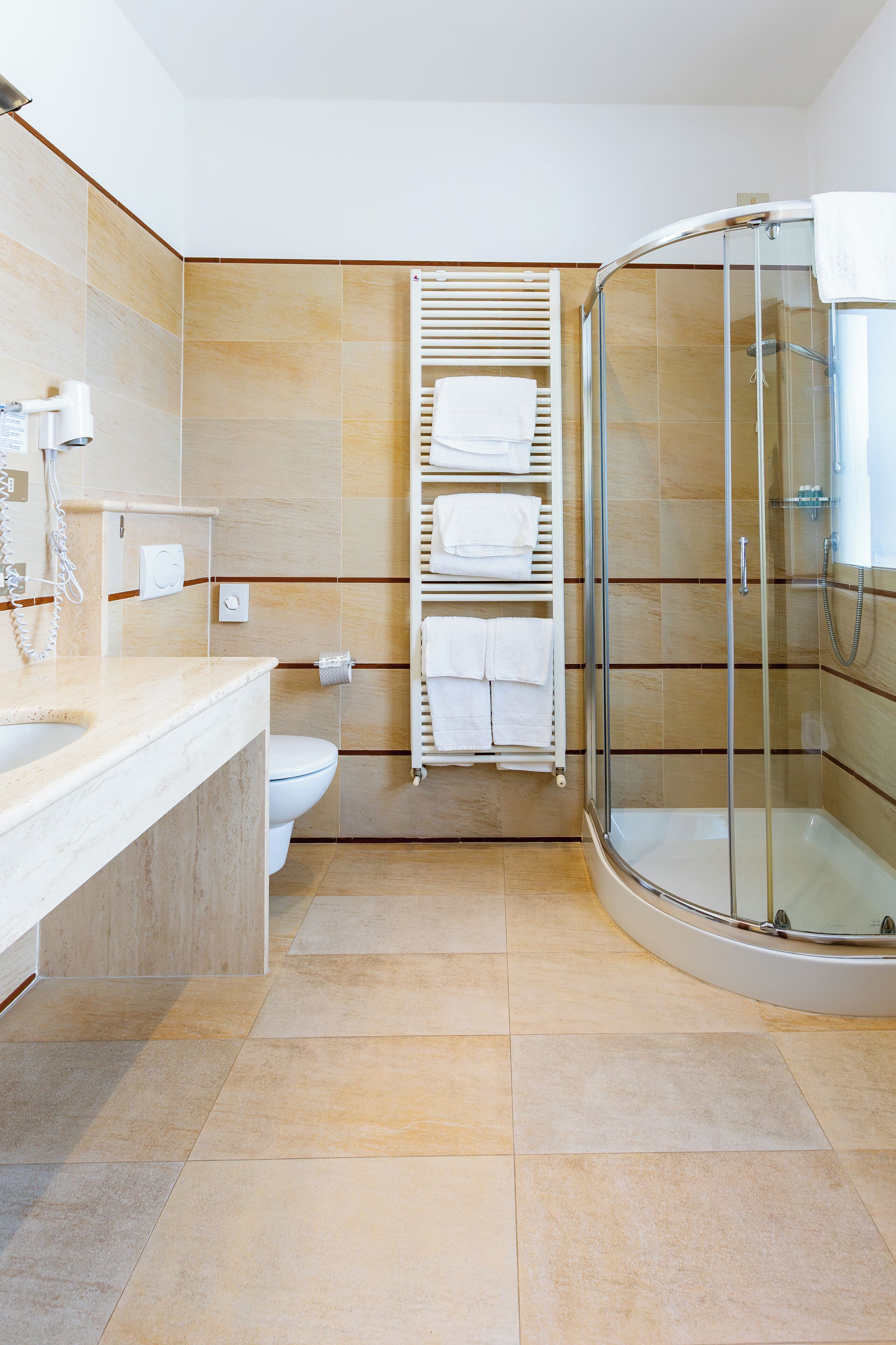 A modern bathroom with a glass-enclosed shower, a toilet, a towel rack, and a sink.