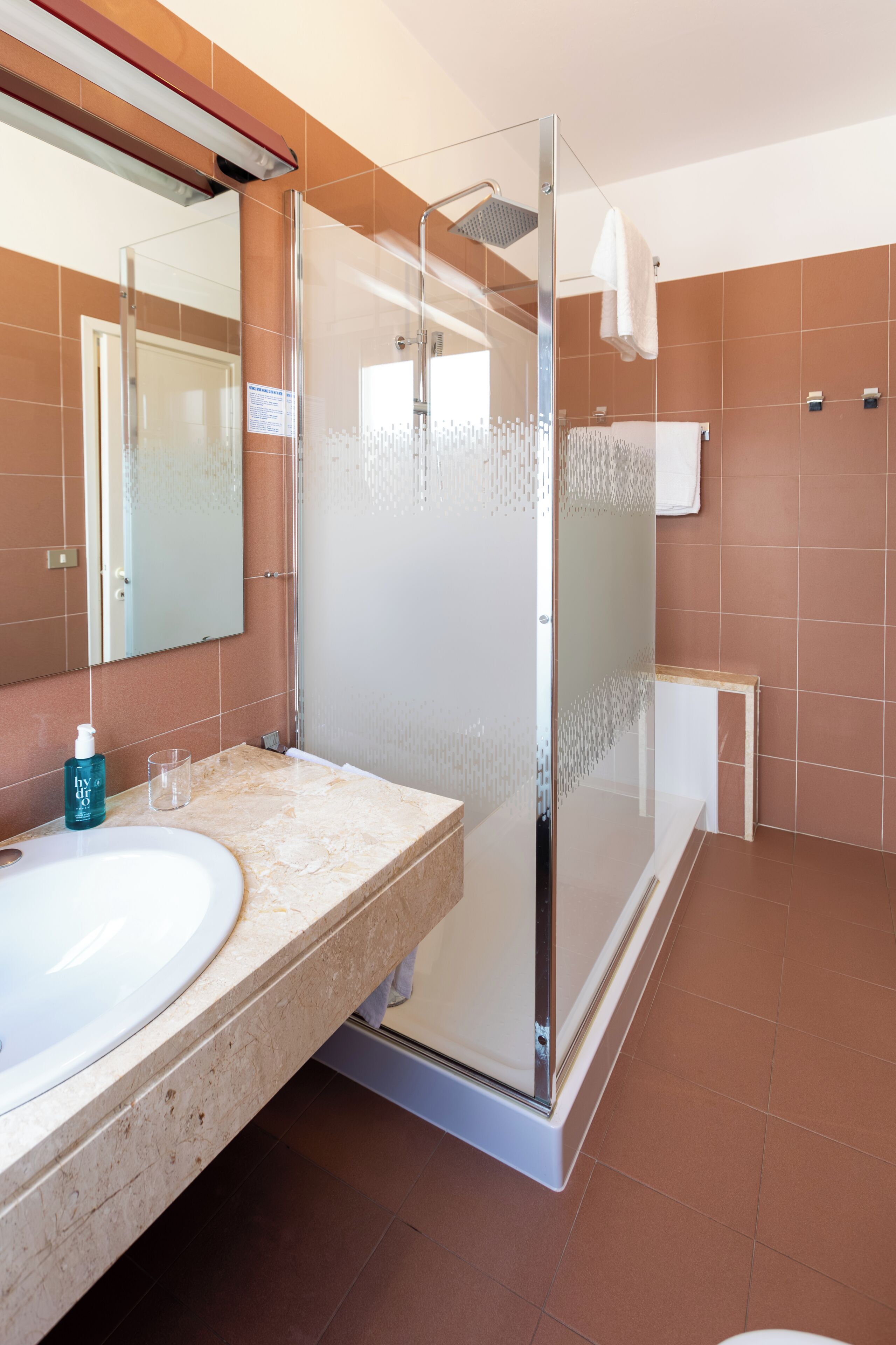 A modern bathroom with a glass-enclosed shower, a sink, and a mirror.