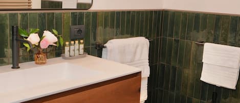 Hair dryer, towels, soap, toilet paper