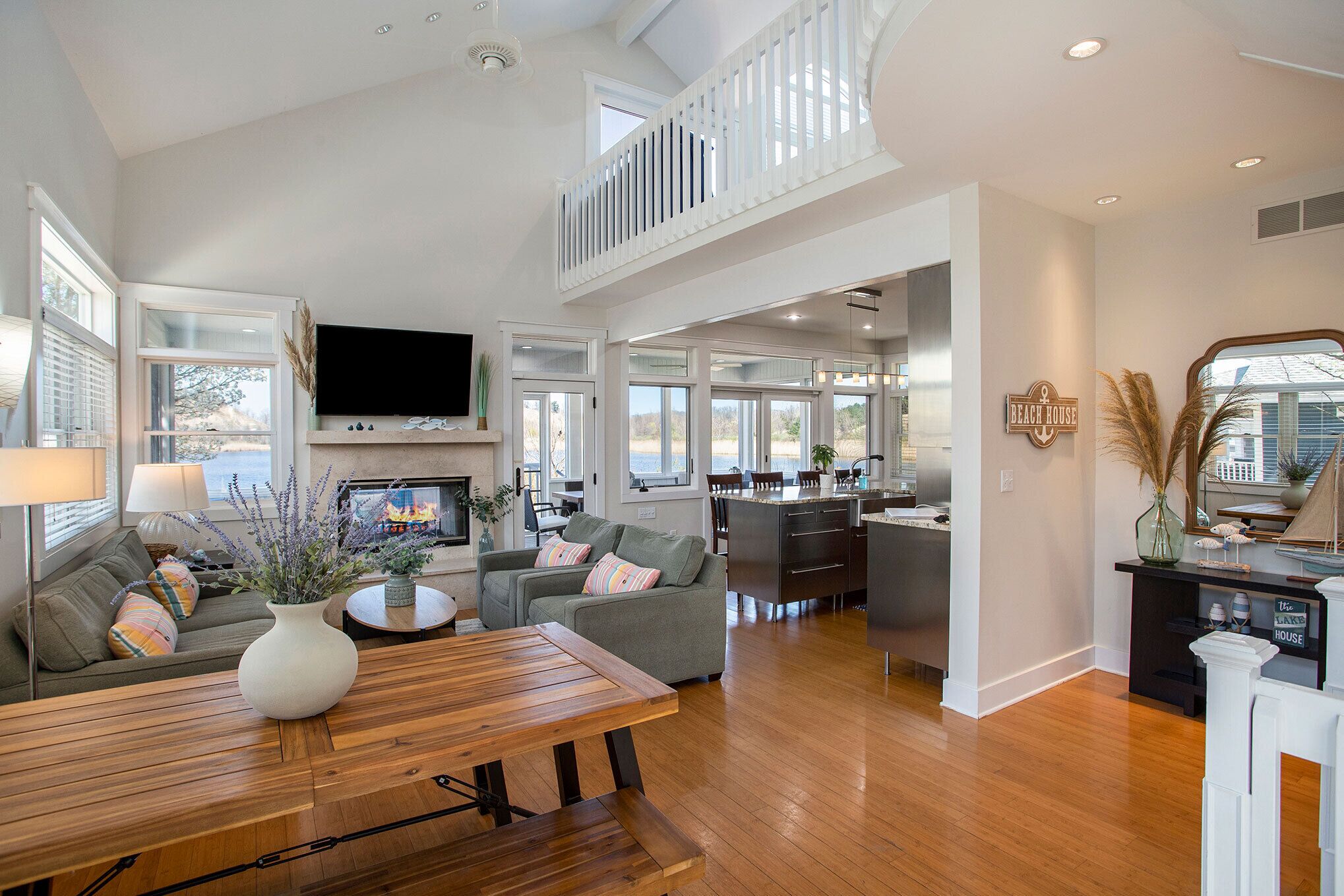 Smart TV, fireplace, books