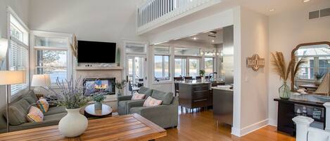 Smart TV, fireplace, books