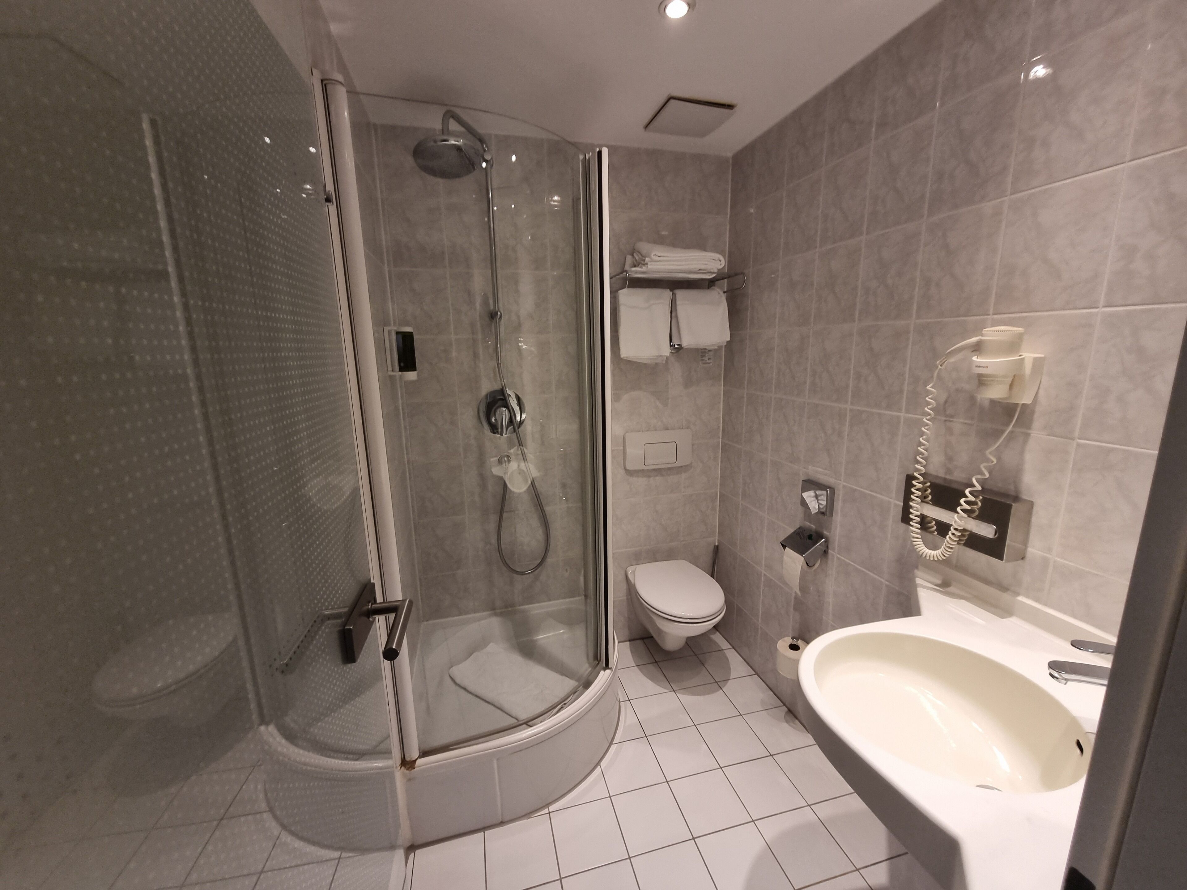 A modern bathroom with a glass-enclosed shower, a toilet, and a sink.