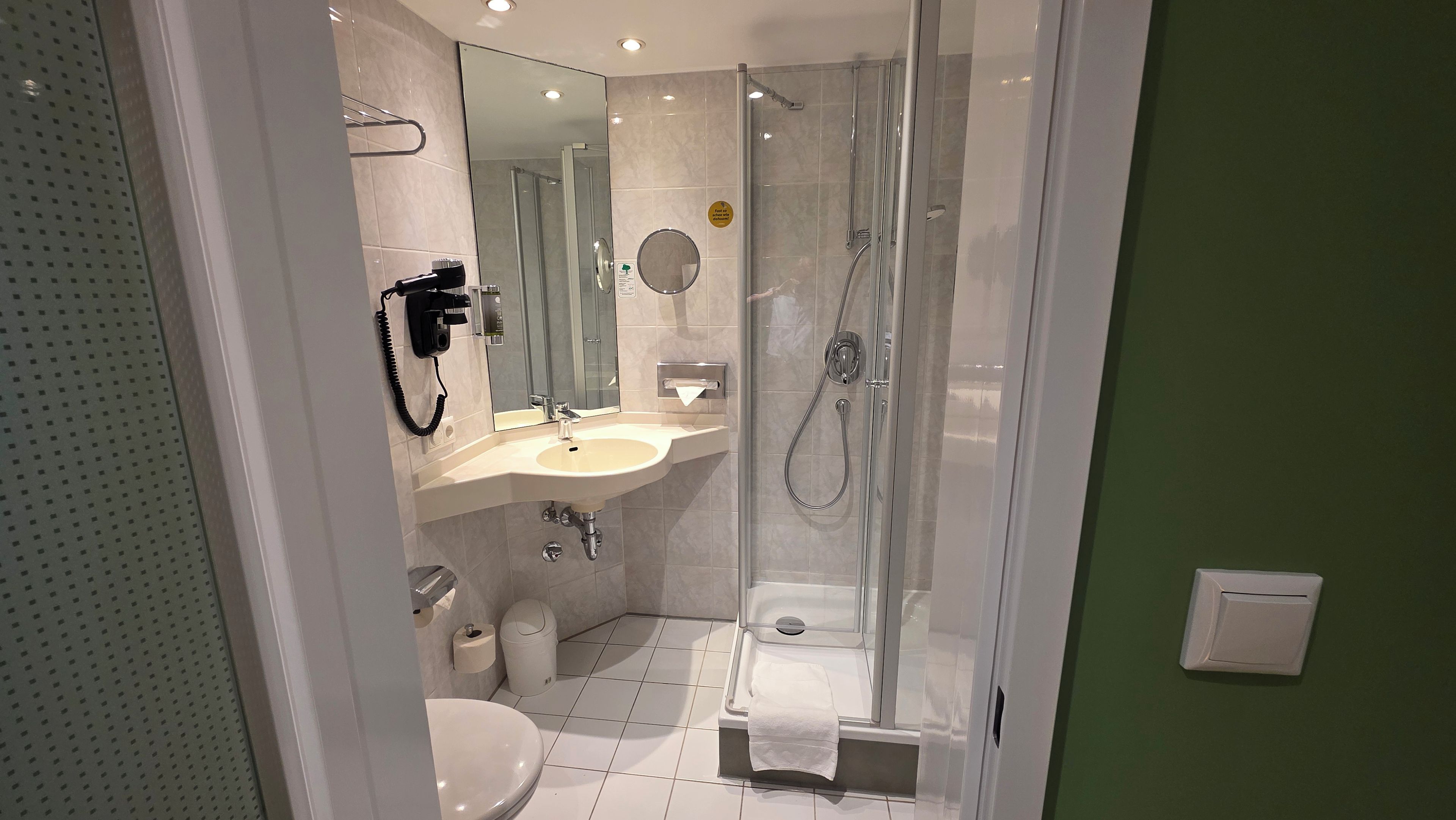 A modern bathroom with a glass-enclosed shower, a sink with a mirror, and a toilet.