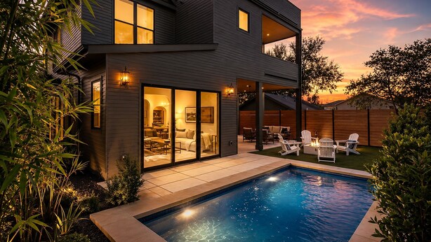 Ein modernes, zweistöckiges Haus mit Swimmingpool, Außenbereich zum Sitzen und Blick auf den Sonnenuntergang.