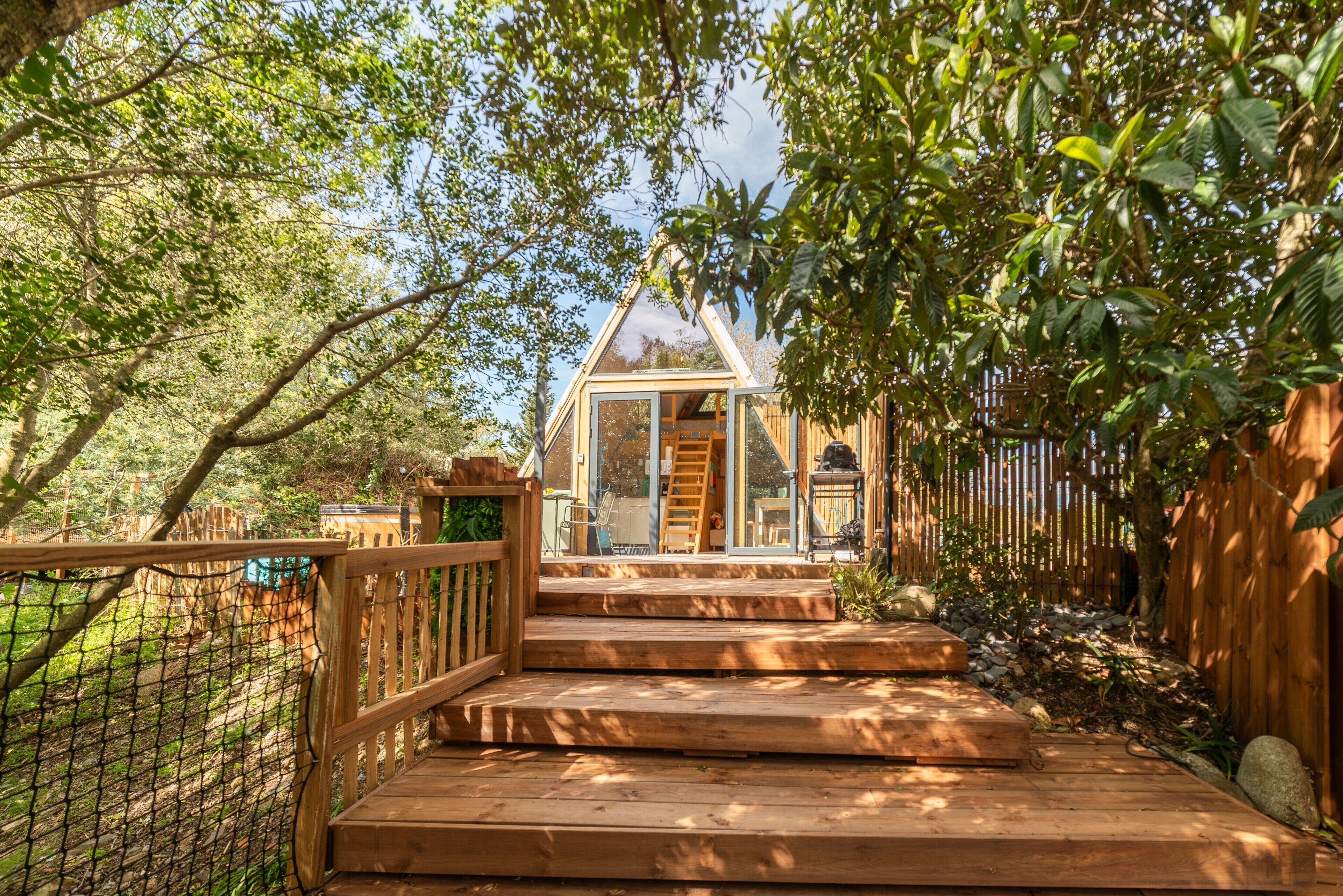 Une terrasse en bois mène à une structure recouverte d’une verrière et accessible par une échelle. L’ensemble est entouré d’arbres et d’une clôture en bois.