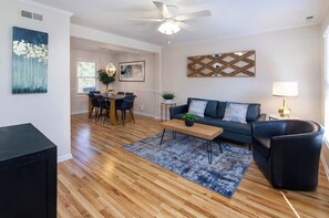 Living area - Comfort-Focused 2BR with Workspace & Fast WiFi (Charlotte)