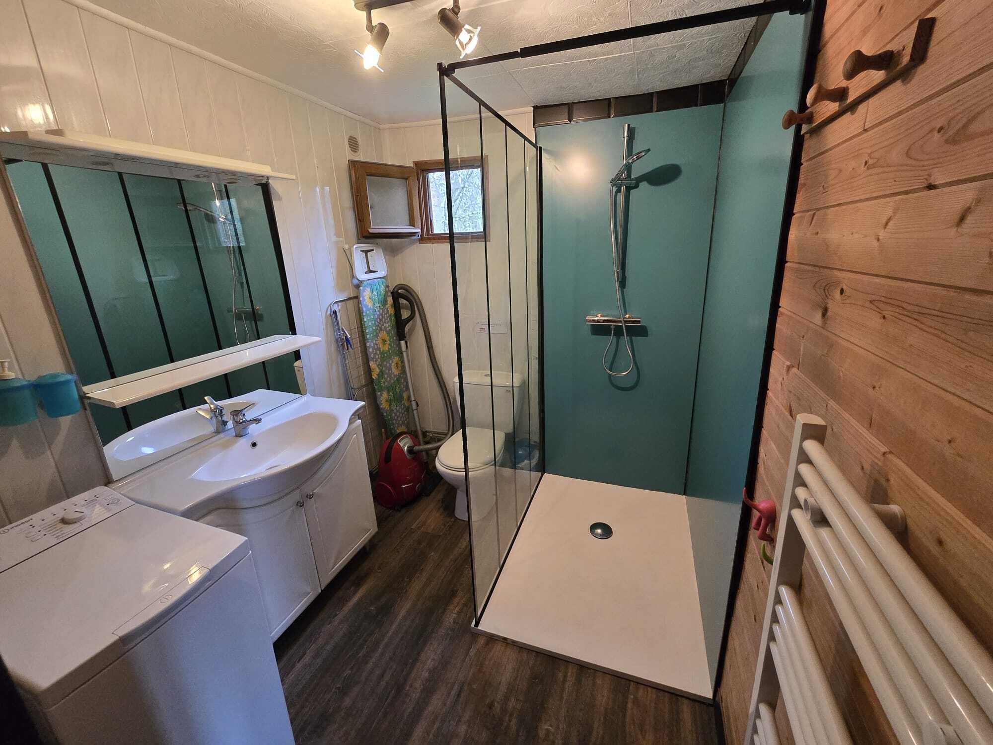 Shower, hair dryer, soap, toilet paper