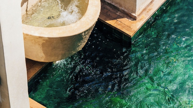 A stone basin with water, a lion head sculpture, and a clear pool. - Riad Dar Dounia (Marrakech)