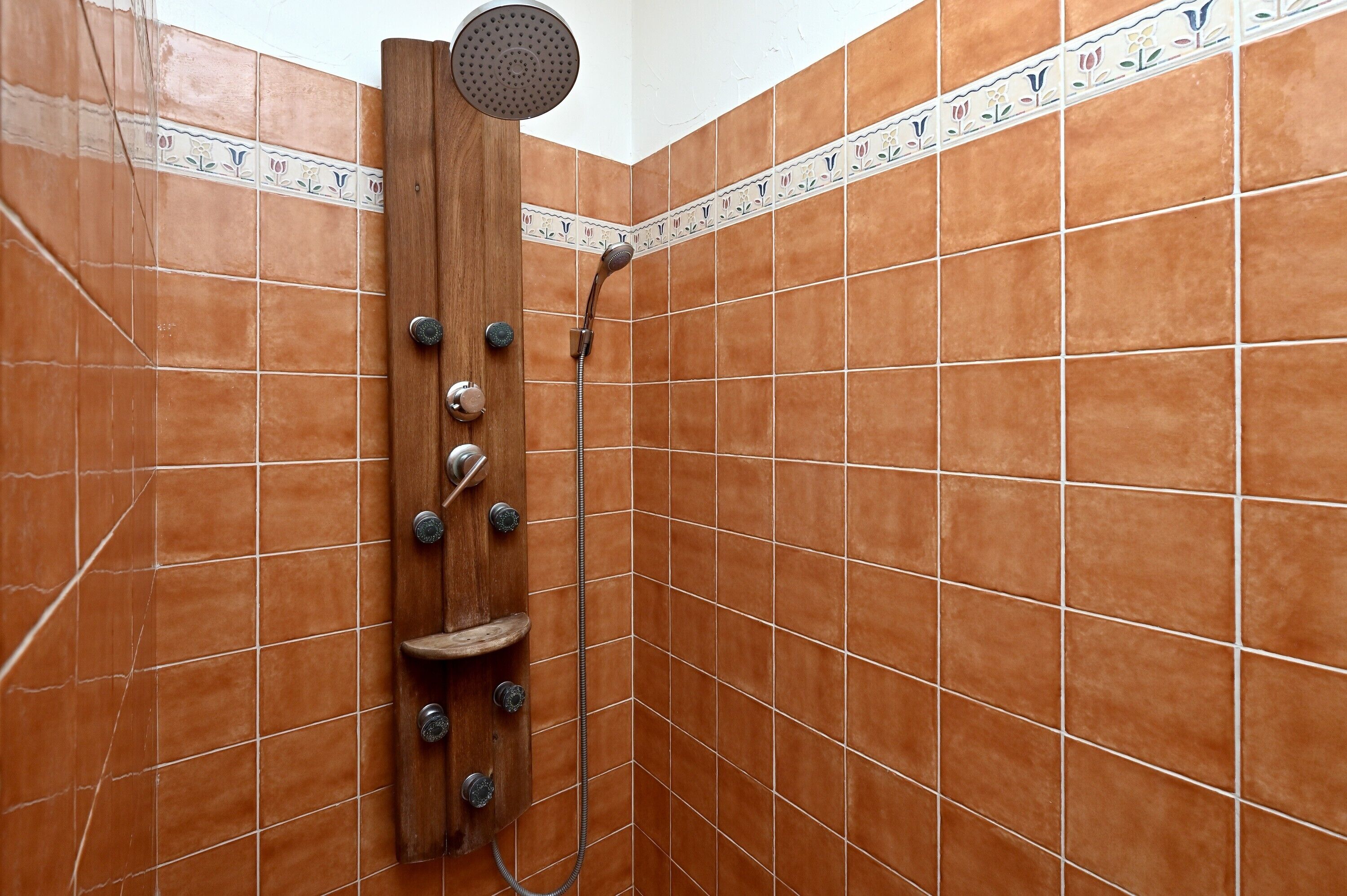 Une douche dotée d’un panneau en bois, d’un pommeau de douche à main et d’un bouton de commande.