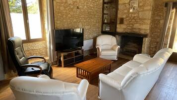 Télévision, cheminée, lecteur de DVD, table de tennis de table