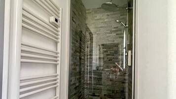 Regadera, secadora de cabello, toallas