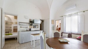 Un ambiente compatto con angolo cottura, zona pranzo e salotto.
