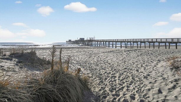 Een strand met een pier die in de zee reikt, zandduinen en schaarse begroeiing.